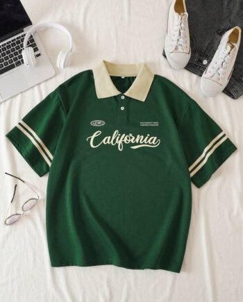 INAWLY Letter Graphic Contrast Collar Polo Shirt Graphic Tees Women Tops free size