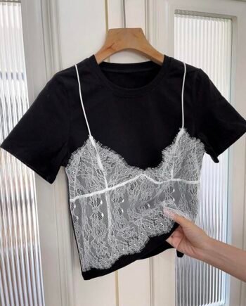 DAZY Women's Summer Contrast Lace Crew Neck Short Sleeve Casual TShirt (free size)