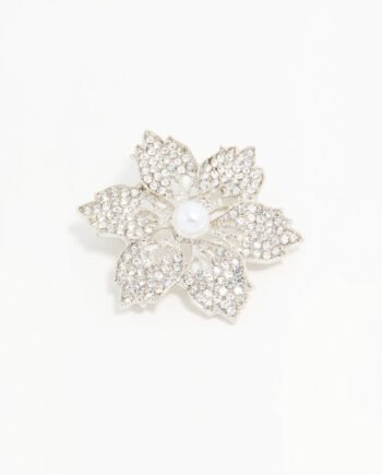 Silver Diamante Pearl Floral Brooch