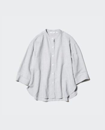 Linen Blend Band Collar Shirt | 3/4 Sleeve | Stripe