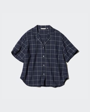 Linen Blend Open Collar Shirt | Short Sleeve | Checked